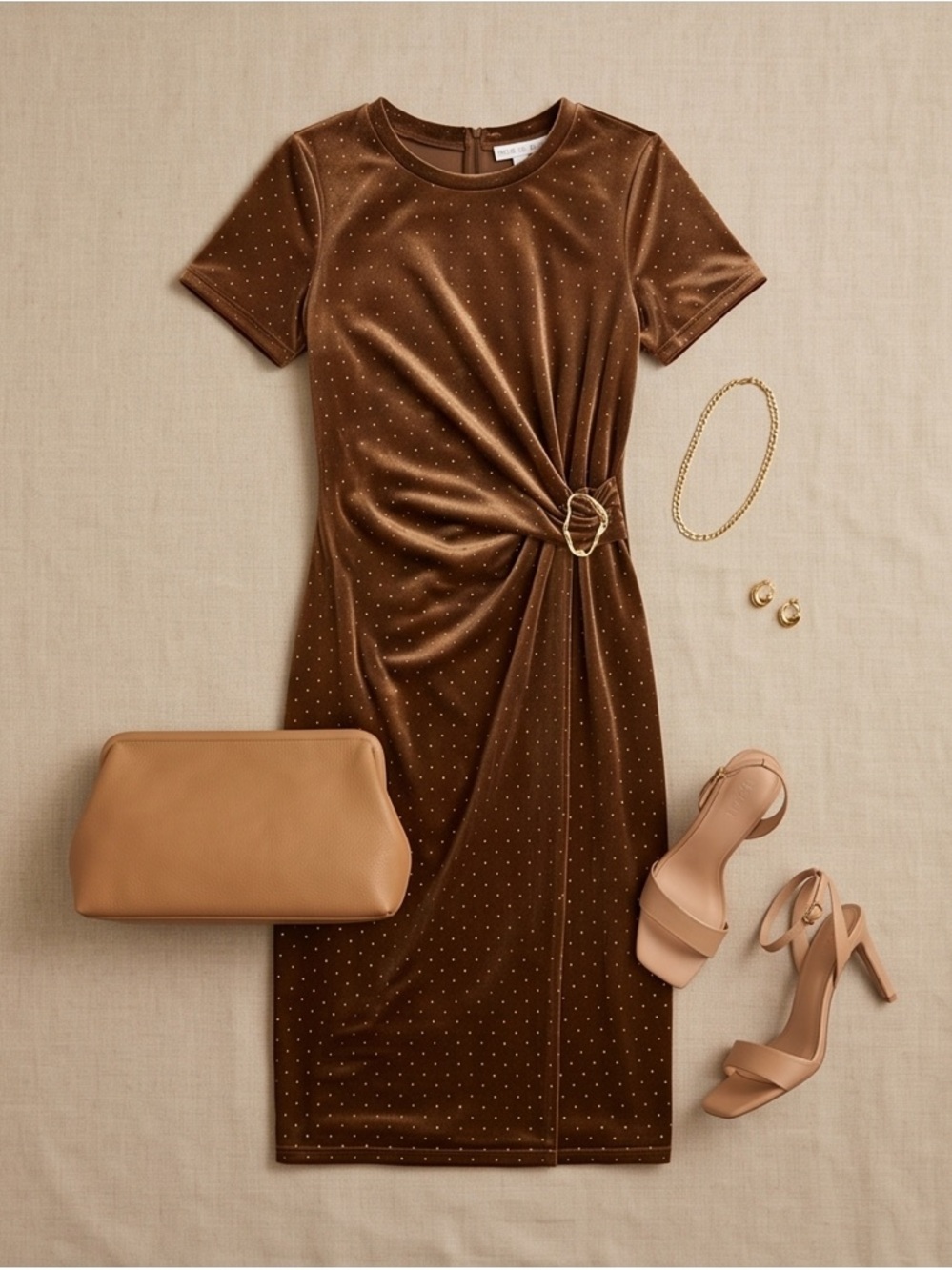 Brown Short-Sleeve Knot-Detail Sheath Dress - Picture 2 of 5